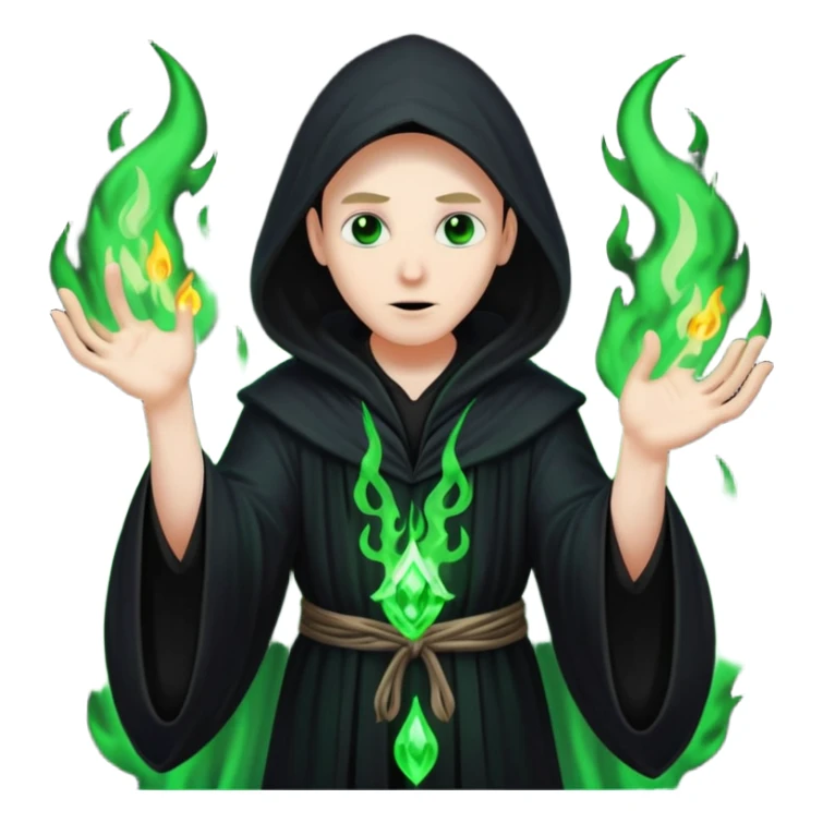 A dark sorcerer in flowing black robes, conjuring eerie green flames sticker
