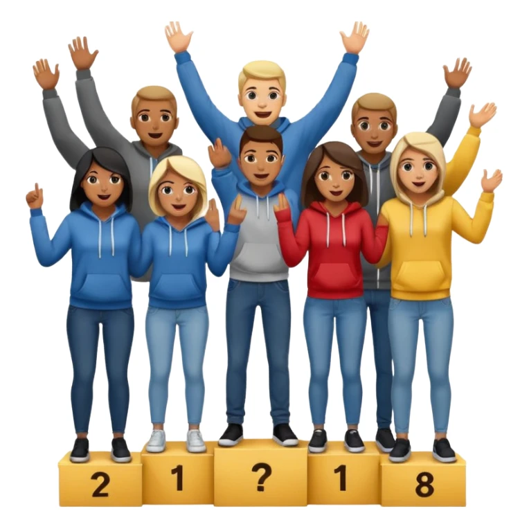 multi-racial men and women standing on a winners’ podium, no numbers displayed, all casually dressed in fun clothing like jeans and hoodies, very excited, fun, expressive emoji style sticker
