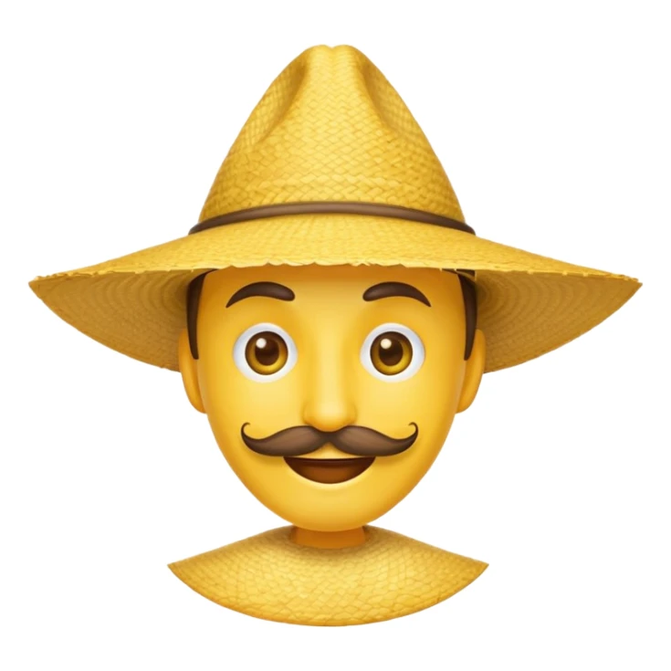 Yellow empji with thin long moustache, thin eyes, and pointy triangle shaped straw hat sticker