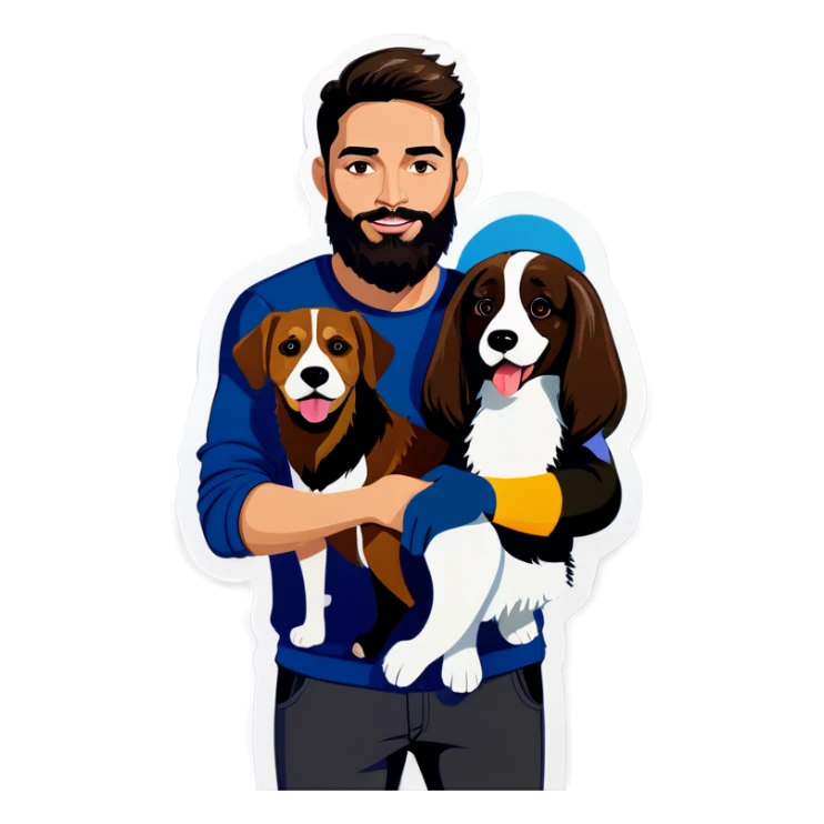 Brunette woman and brunette man with beard with a mixed race brown and black and white dog  sticker