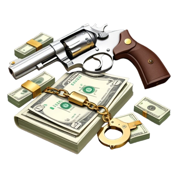 Icon for Action & Crime Reading: an open book with intense action scenes, a revolver, handcuffs, and a stack of cash. Surrounding elements include a dark alley, a police badge, and a pair of sunglasses. The icon should evoke tension, suspense, and action. Transparent background. sticker