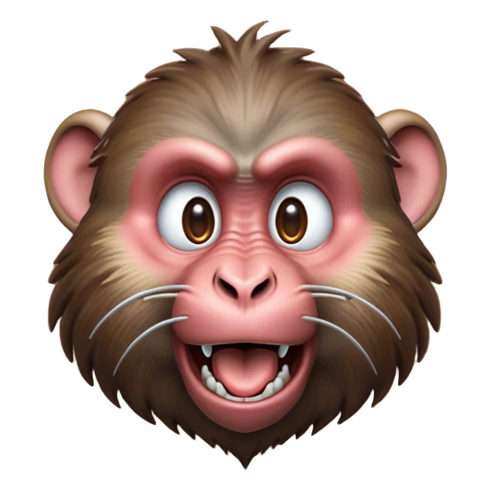 Cinematic Comical Baboon Portrait Emoji, Head tilted dramatically with an exaggeratedly amused expression, featuring a strikingly textured Fur of deep browns with wide, expressive eyes filled with playful disbelief, Simplified yet hilariously expressive features, highly detailed, glowing with a slightly sassy glow, high shine, dramatic yet playful, stylized with an air of cheeky mischief, bright and endearing, soft glowing outline, capturing the essence of a spirited and over-the-top baboon, so meme-worthy it feels like it could chatter its way into internet fame instantly! sticker
