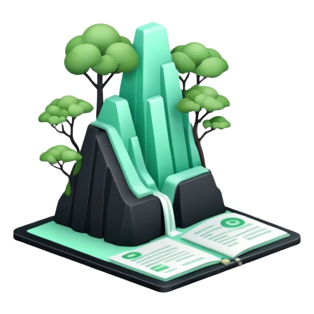 Environnement (Environment), 3D technical icon with black and mint green (#B5F4D3), environmental impact assessment document with regulatory compliance indicators and sustainability metrics sticker