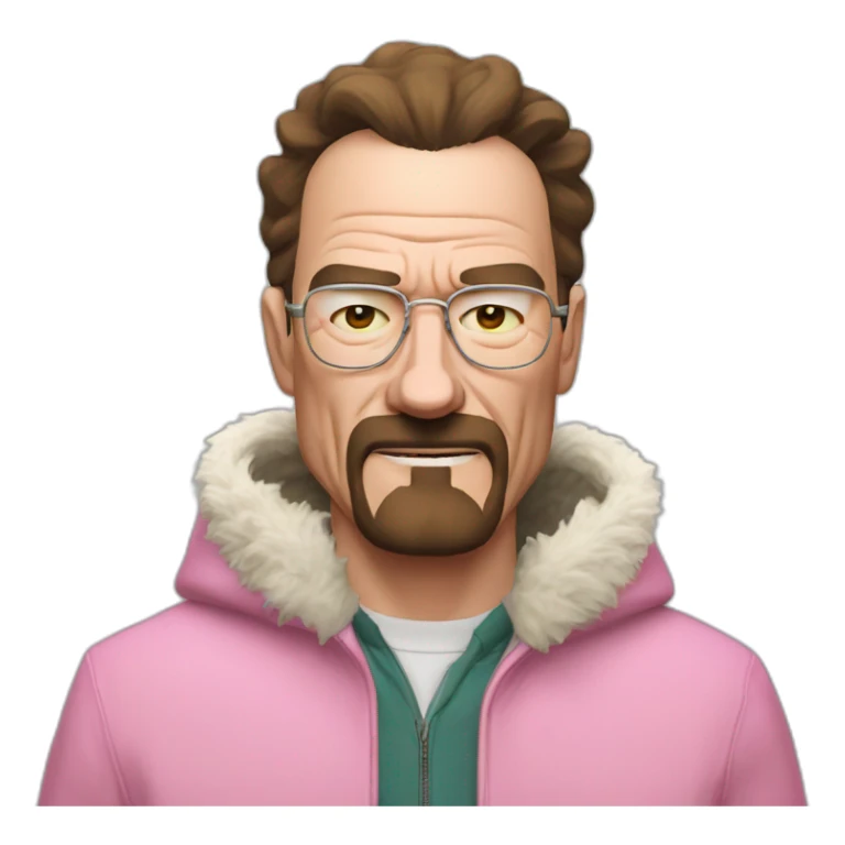 walter white wearing a pink wolf furry suits, His cheeks reflect a slight blush, expressing a reaction mixed with excitement and embarrassment. sticker