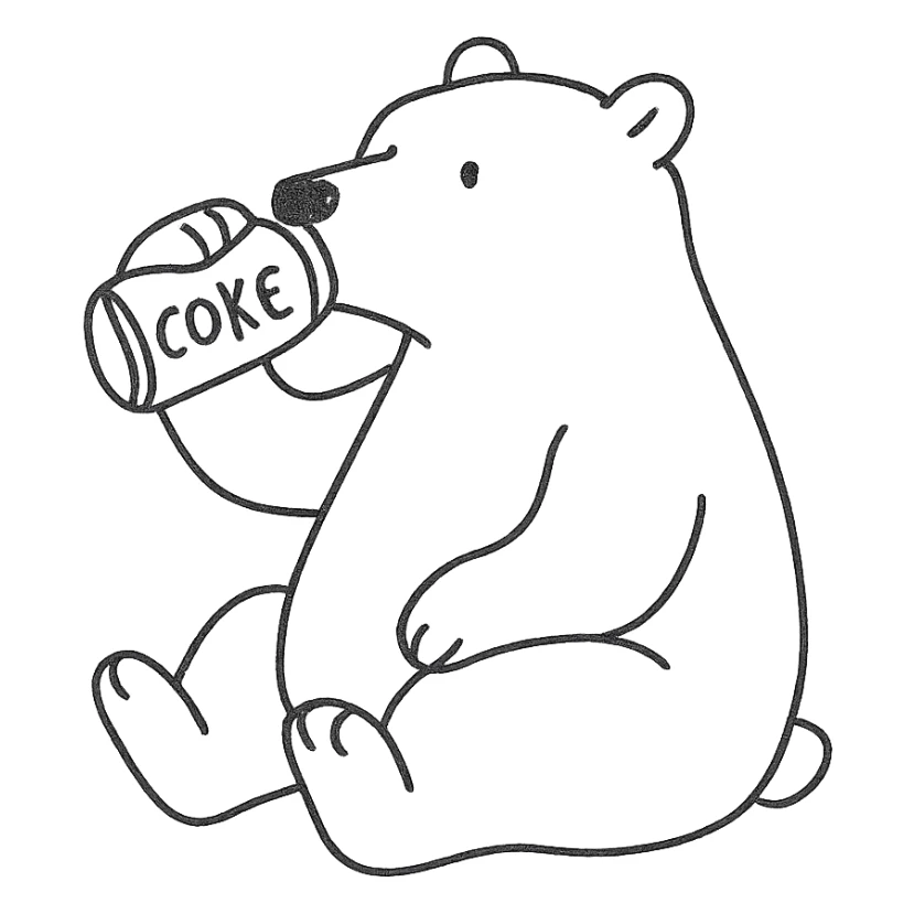 white polar bear drinking Coke, hand drawn outlined icon sticker