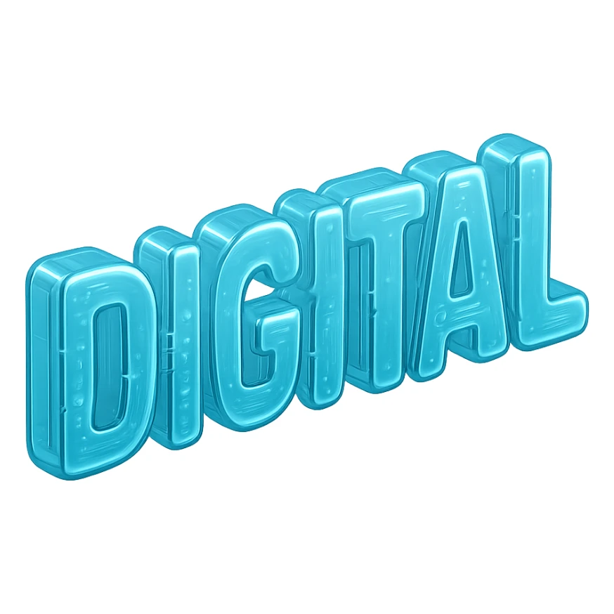 The word "DIGITAL" BOLD, floating, cyan blue sticker