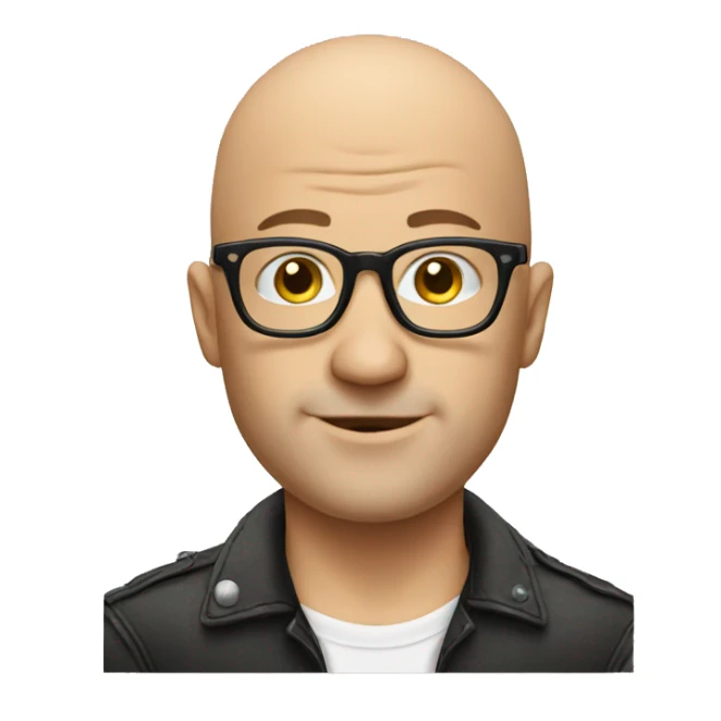 Bald man with glasses, pricing in the ear, punk shirt sticker