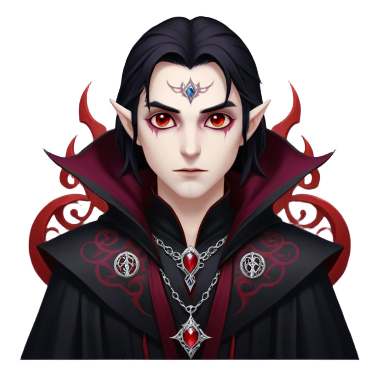 Cinematic Realistic WoW Vampire Mage Portrait, depicted with dark and mysterious elegance, wearing a flowing black robe intricately adorned with arcane silver filigree and esoteric runes. His pallid, almost ethereal skin contrasts with deep crimson, mesmerizing eyes, while his dark, slick hair falls in sleek strands. Rendered with lifelike texture and moody, dramatic lighting, high shine, noble and formidable, capturing the essence of a legendary vampire mage of Azeroth. sticker