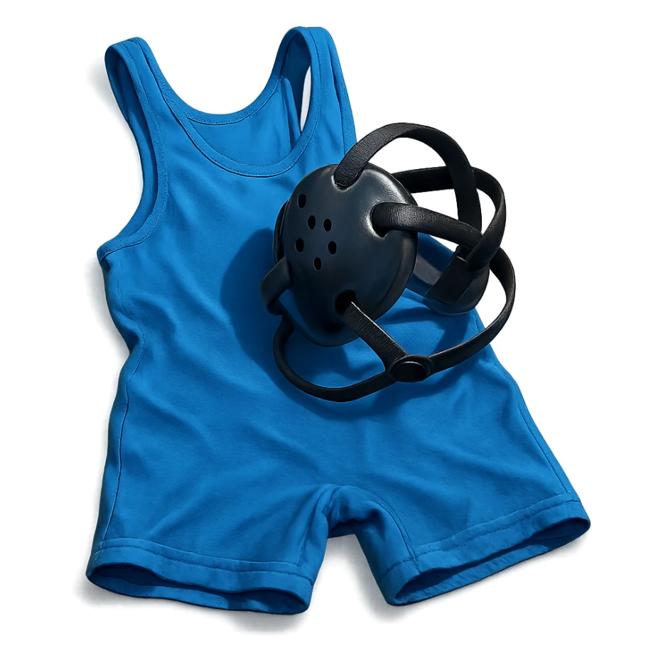 realistic icon of a wrestling singlet uniform, bright blue, brightly lit, spread out as if loosely laying on a table, with a set of wrestling headgear laying loosely on top, different fold or perspective, isolated on transparent background sticker