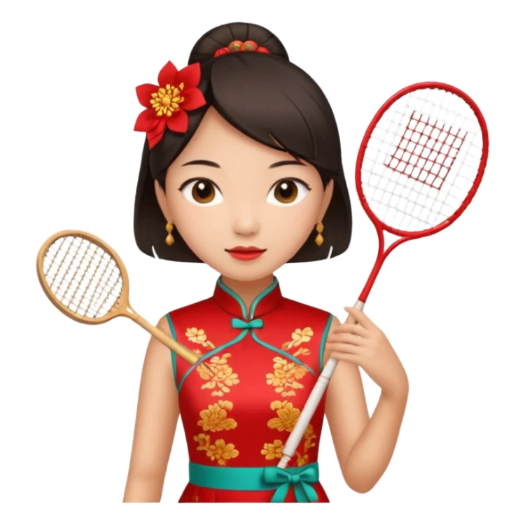 ancient cheongsam girl with 1 badminton racket, red sticker