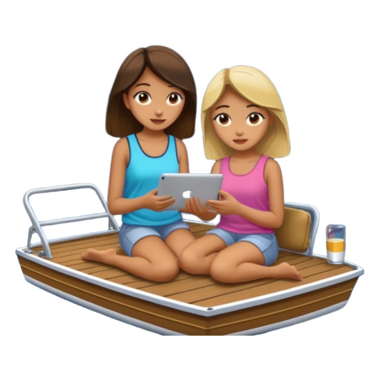 Girls sitting on a pontoon boat watching iPad at night sticker