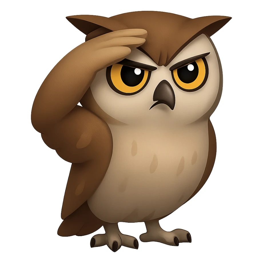 В стилистике эмоджи сгенерируй сову с сосредоточенным видом, которая держит крыло сверху лба, но не так, что у нее болит голова, а будто она всматривается в даль, ее вид должен символизировать интуцию, чуйку, прозрачный фон sticker