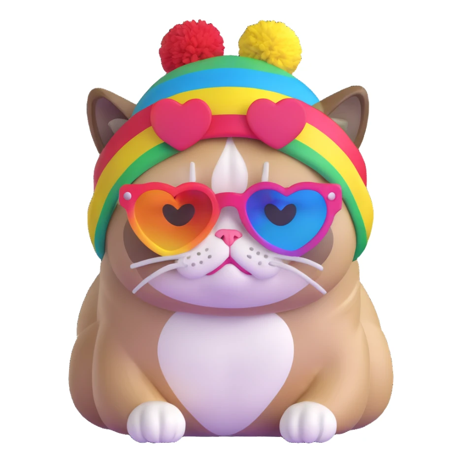 grumpy cat wearing a rainbow beanie and heart-shaped sunglasses sticker