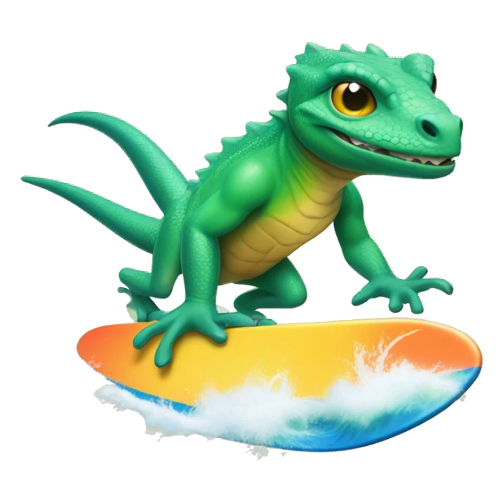 Create an image of a lizard 🦎 riding on a surfboard 🏄 in the ocean 🌊. The lizard should look like it's having fun, with a cool and playful vibe sticker