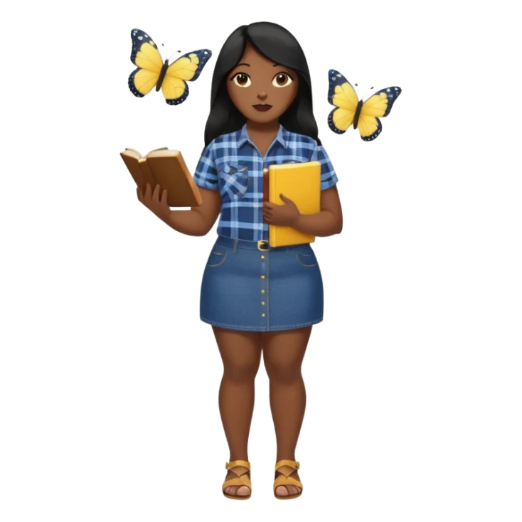 A plus-size Black woman is wearing makeup. She has long, straight black hair and is wearing a short-sleeved flannel shirt with a yellow butterfly print, a denim miniskirt, and sandals. She is standing and holding a book in one hand while extending her forearm upward with the other. sticker