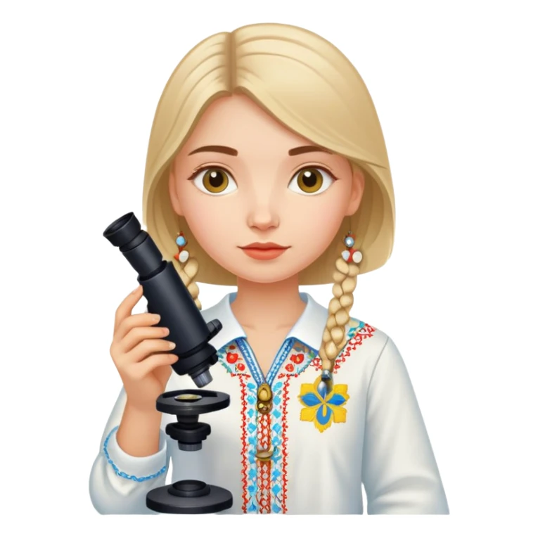 Ukrainian girl in traditional embroidered vyshyvanka shirt holding a microscope sticker