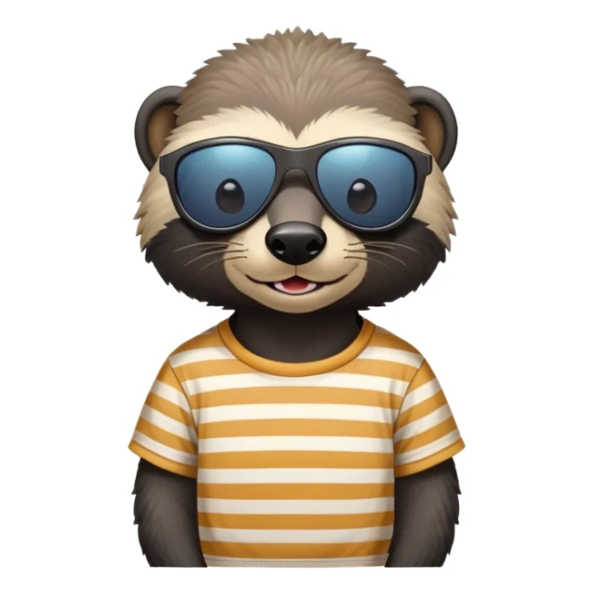friendly anthropomorphised honey badger, close crop showing head, neck, and top of t-shirt with a striped design, wearing sunglasses sticker