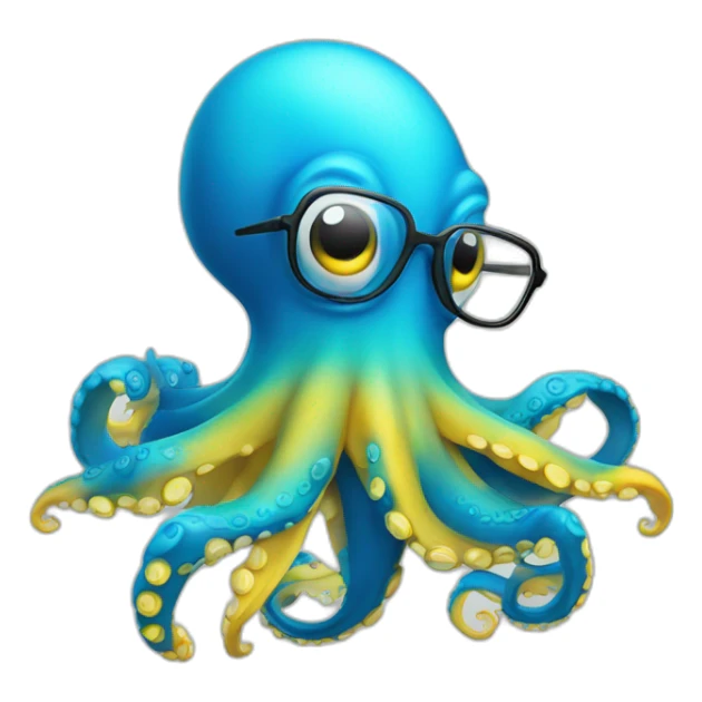 A smiling blue octopus with yellow under arms, blue coloured itself and round thin glasses sticker