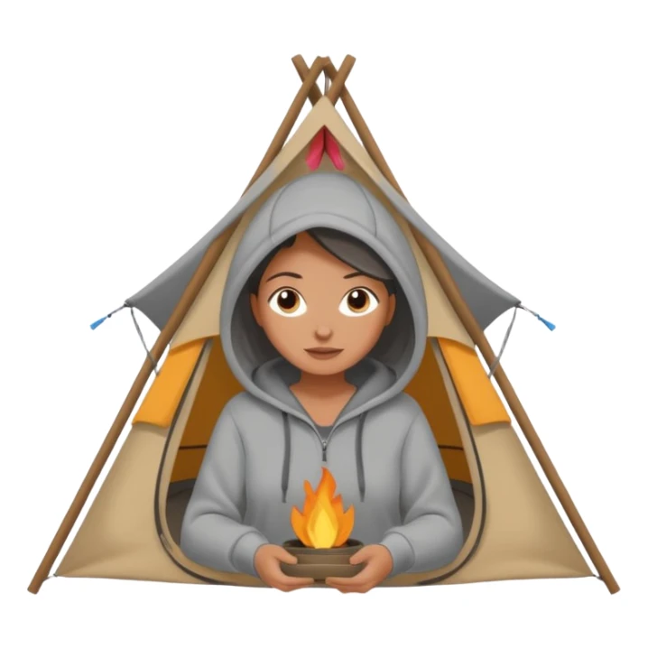 A woman in a cozy hoodie arranging items inside her tent. sticker