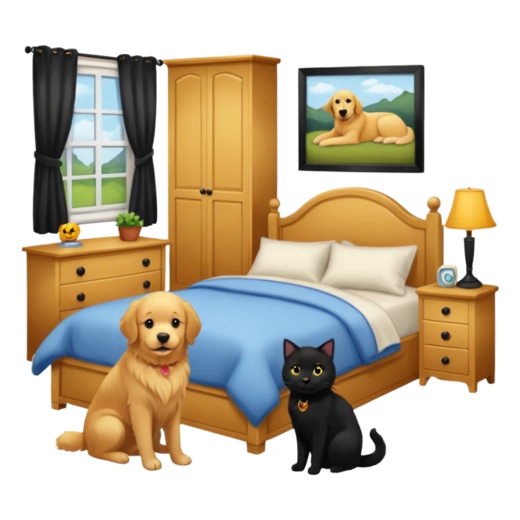 1 golden retriever and 1 black cat in a bedroom sticker