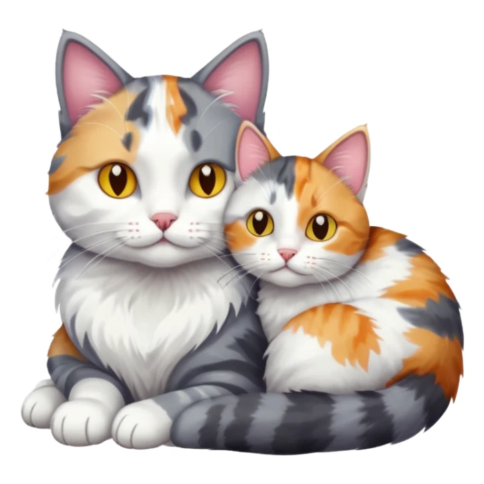 grey and white cat cuddling a colourful light patched calico + white tabby cat sticker