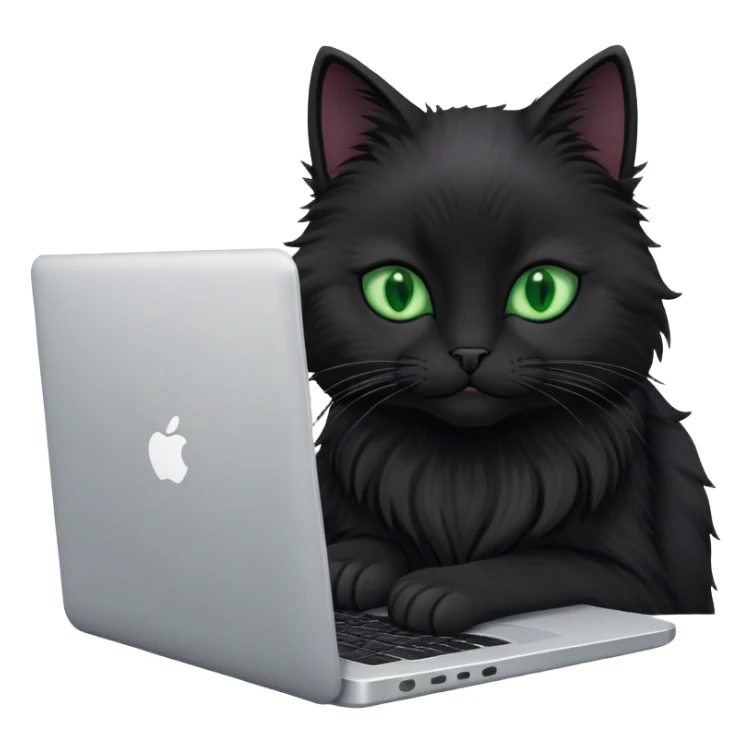black cat with green eyes coding on laptop sticker