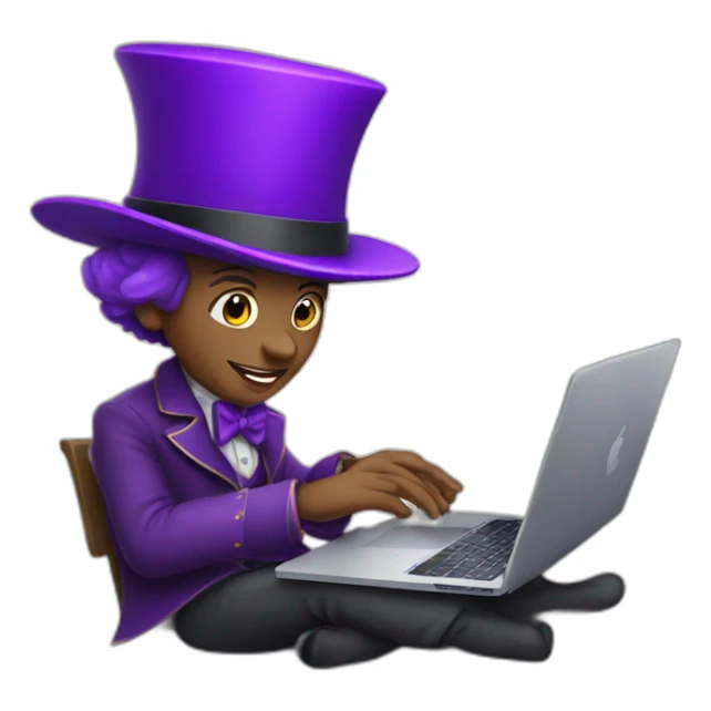 magician with a purple magic hat working on a macbook sticker