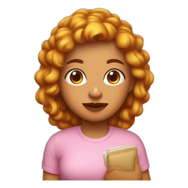 chica con pelo lardo marron solo un poco ondulado pero mas lacio, ojos marrones oscuros, con anteojo de borde superior rosa, en la mano un iPhone, una remera color mostaza  sticker