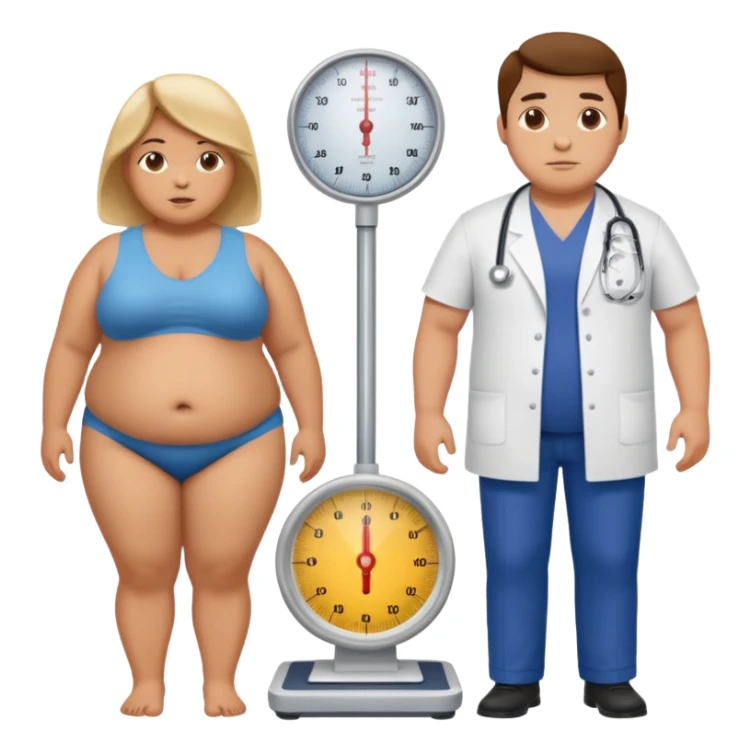 pessoa gorda em cima de balança e medico do lado avaliando sticker