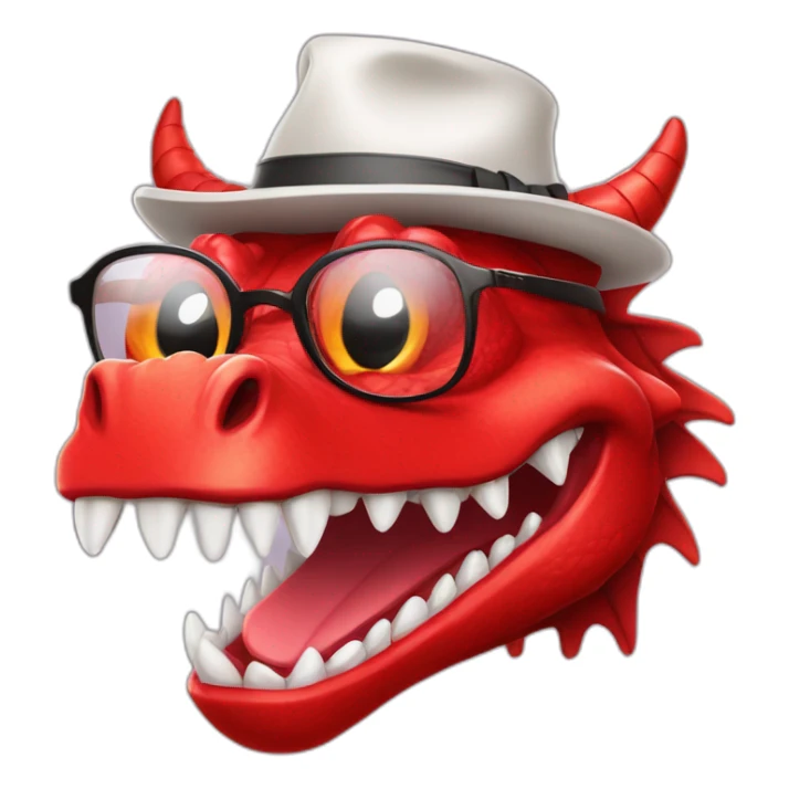 Crazy funny red dragon head with human white teeth and beautiful smile wearing glasses and hat sticker