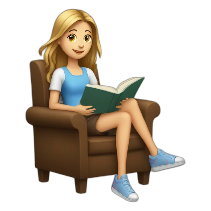 european girl seats with a book sticker