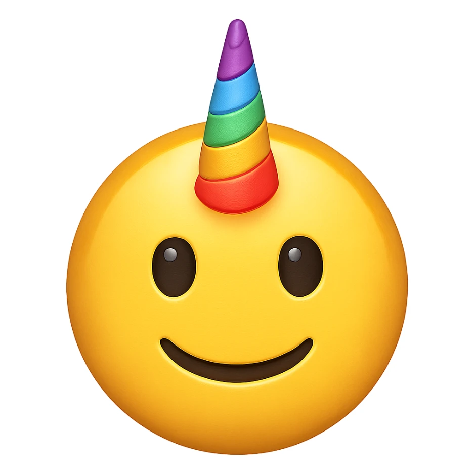 yellow face with rainbow unicorn horn, digital illustration emoji sticker