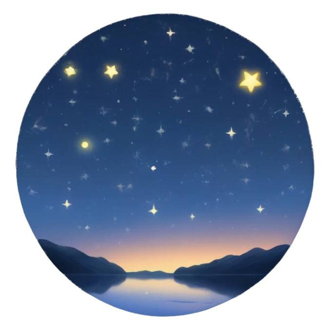 Here’s the description for the last one:  Dreamy Night Sky: 	•	“Starry night sky with constellations, shooting stars, and a soft glow of the moon, seen from a calm lakeside.” sticker