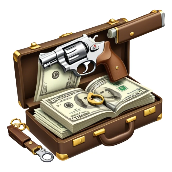 Icon for Action & Crime Reading: an open book with action-packed scenes, featuring a gun, handcuffs, a detective's badge and a briefcase with money. The icon should capture the tension and excitement of crime and action stories. Transparent background. sticker