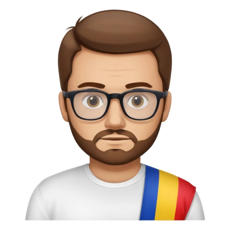 A brown-haired white man with a designer stubble beard and rectangle glasses. He shrugs. In the background the Romania flag. sticker