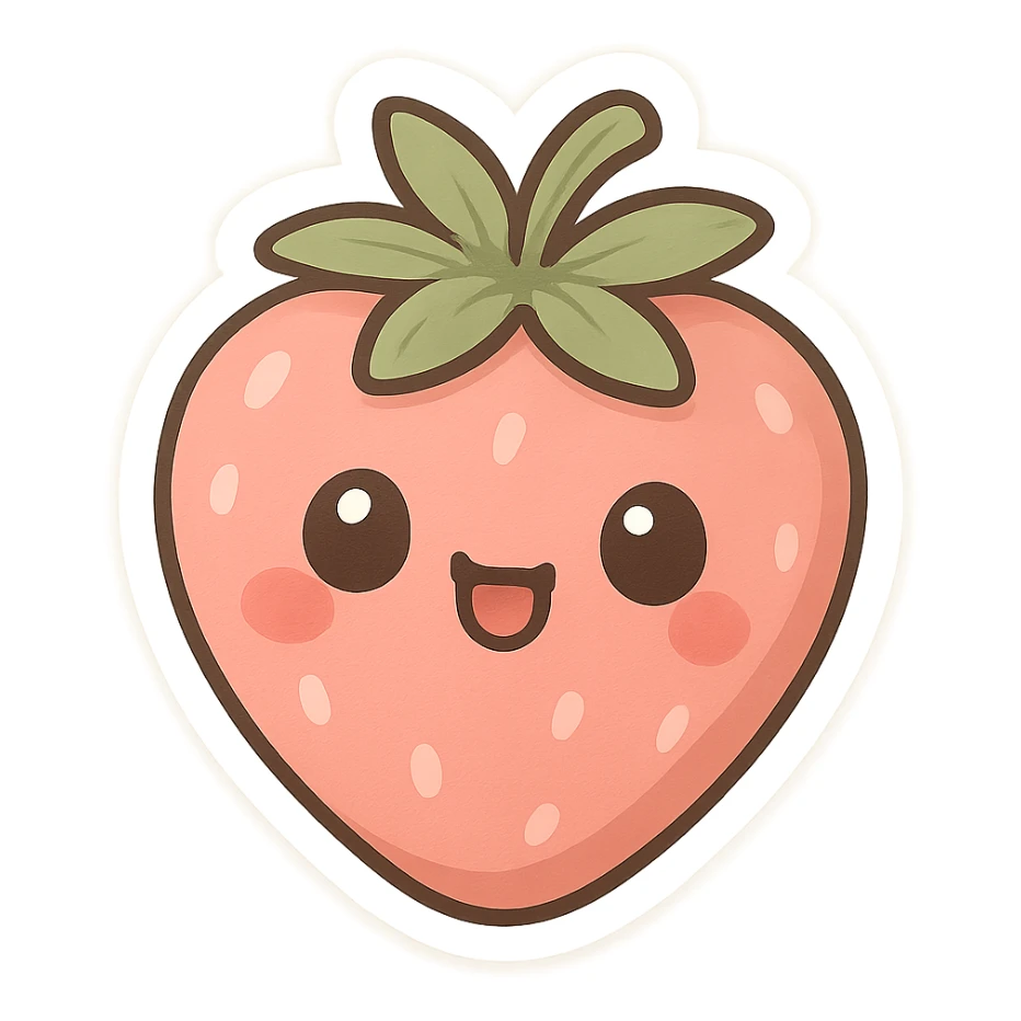 pink strawberry with a cute face, playful and adorable, chibi stickers style sticker
