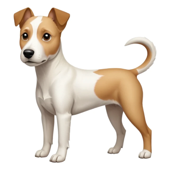 a full body facing front on of a buff white parson russell terrier looking dog the size of a kelpie with light brown long ears resting on its face and a light brown patch on one eye and a large snout. the rest of the dog is completely white.  sticker