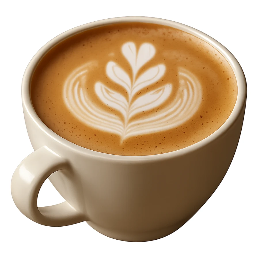 Create a realistic latte with gentle lighting and realistic texture. The image should have no background. Use a photorealistic style for the latte to emphasize the texture and lighting. sticker