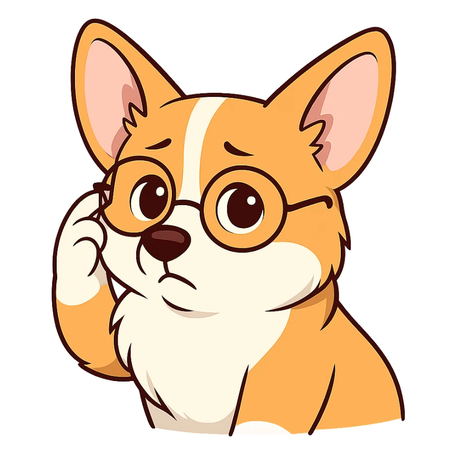 и вот такую есчо эмоцию давай изобразим, задумчивый поправляет очки, тоже как котик на примере только с нашшим корги sticker