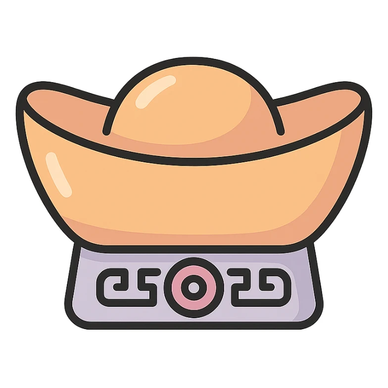 Chinese gold ingot (yuanbao) with patterns, thin clean outlines, soft rounded shapes, pastel palette #98B5BC, #B5B3C1, #C9A3C9, #E4C0CA, #F7DCD1, #F7C0AA, detailed shadows and highlights, soft lighting, transparent background, Chinese eastern style, no surrounding decoration sticker