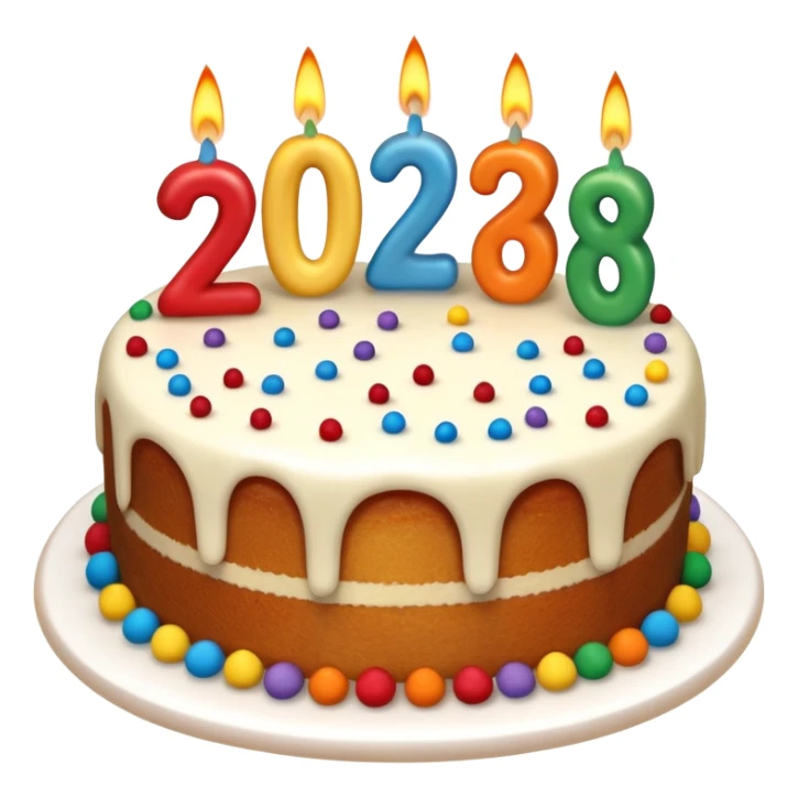 A festive New Year cake with lit candles shaped as the number 2026,
warm lighting, celebratory atmosphere,
soft background, high quality, clean composition sticker