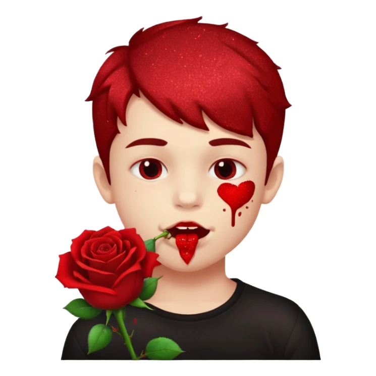 red glitter naughty-looking boy biting a rose in his mouth sticker