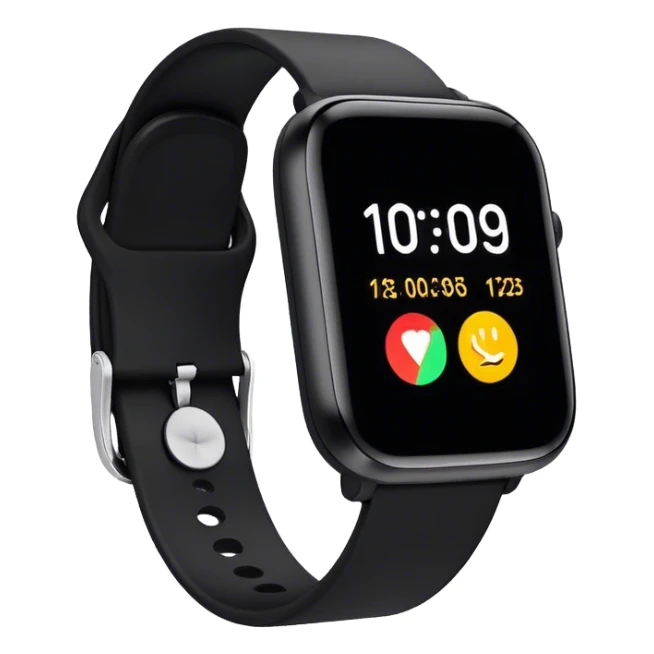 A modern smartwatch, black with a vibrant screen display showing only the time  sticker
