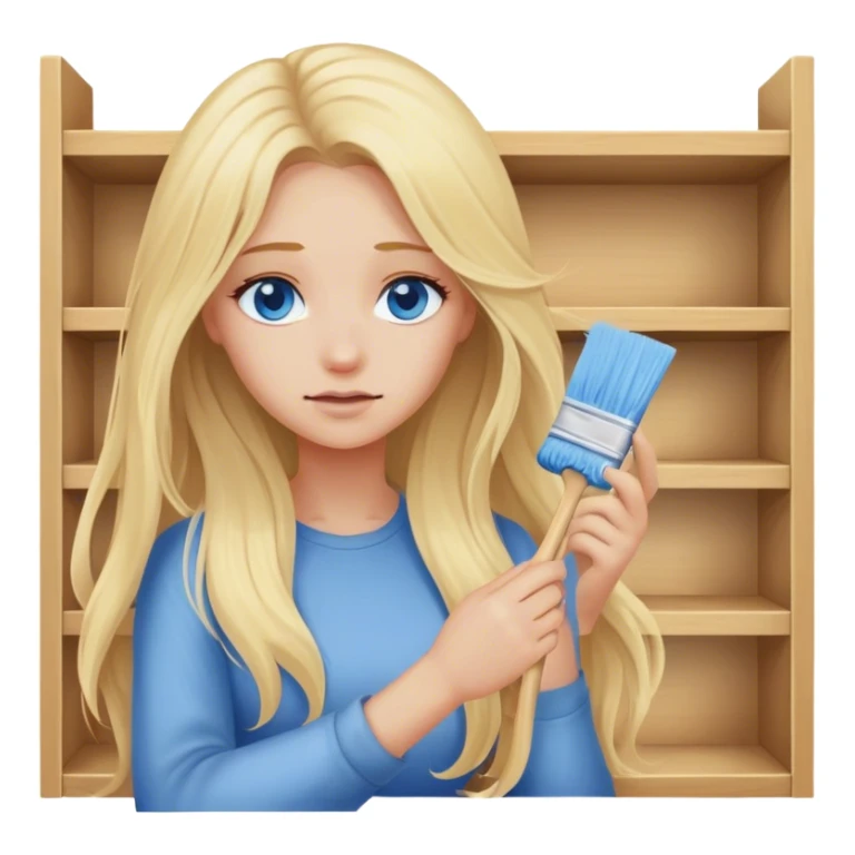 Cinematic realistic blonde with long hair, blue eyes wipes dust from a shelf sticker