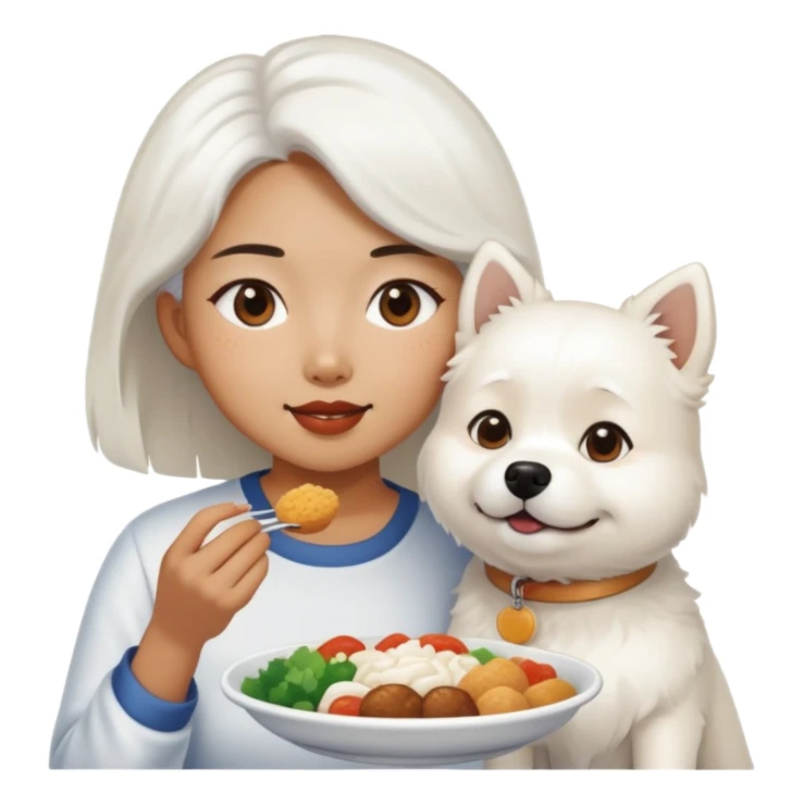 Asian woman sharing food with fluffy white dog sticker