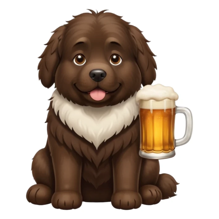 A Newfoundland with white spot on chest and a beer sticker
