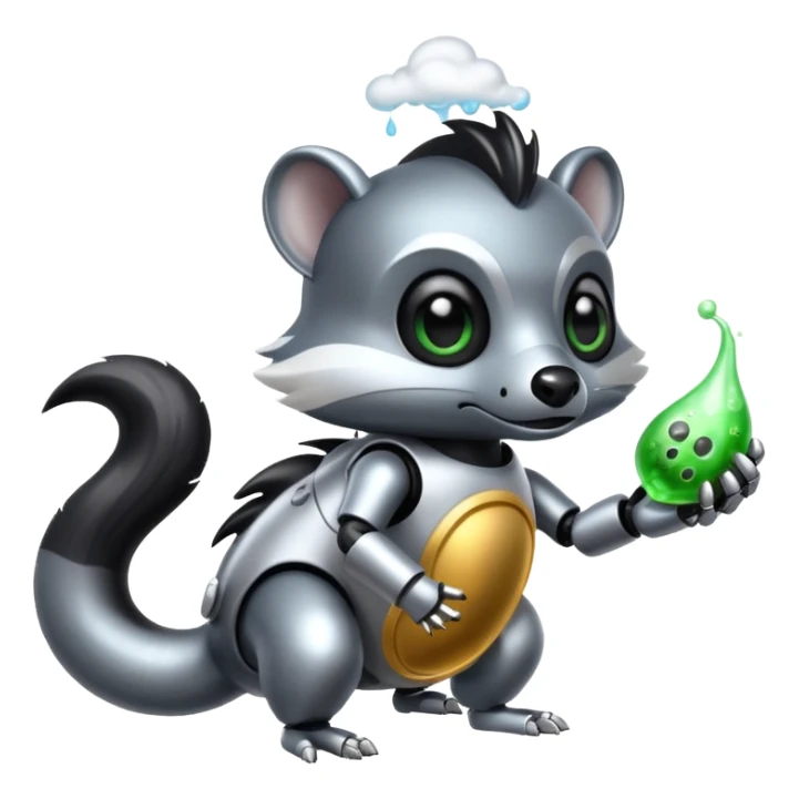 evil robot skunk with bacteria and fart cloud in samsung emoji style sticker