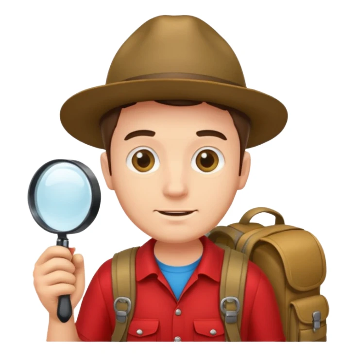 Explorer man with red shirt backpack and magnifying glass sticker