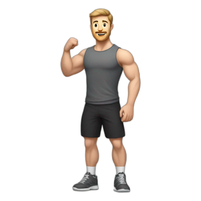 Full height Actively gesturing with hands Pale skinned Fit Man With the biceps and brown hair in dark gray Sleeveless Mike, black oversize sports shorts, watch and white Sneakers sticker