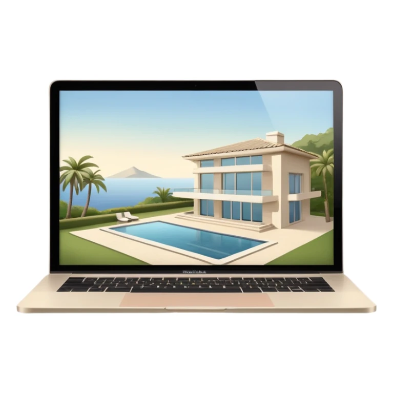 
light beige open macbook sideways with luxury villa on screensaver sticker